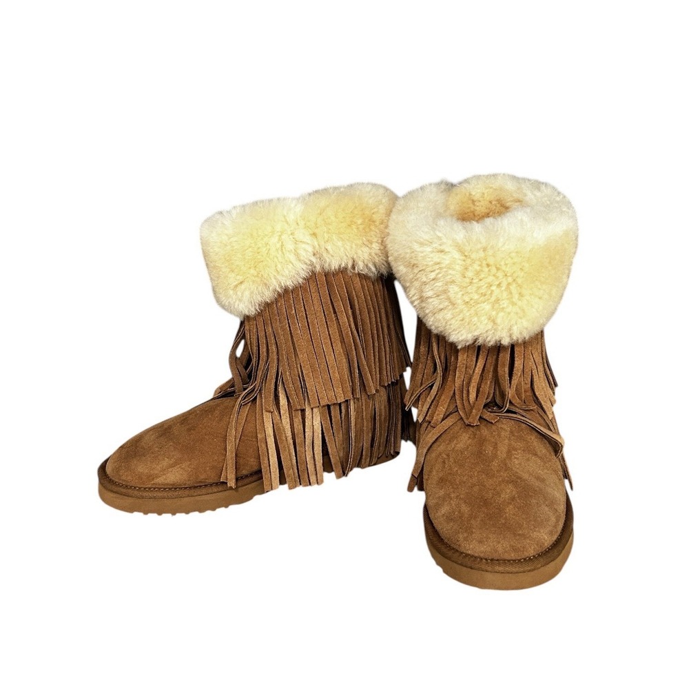 KOOLABURRA By UGG Sheepskin Fringe Ankle Boots Chestnut Fur Trim Sz 6 NEW - Picture 3 of 7
